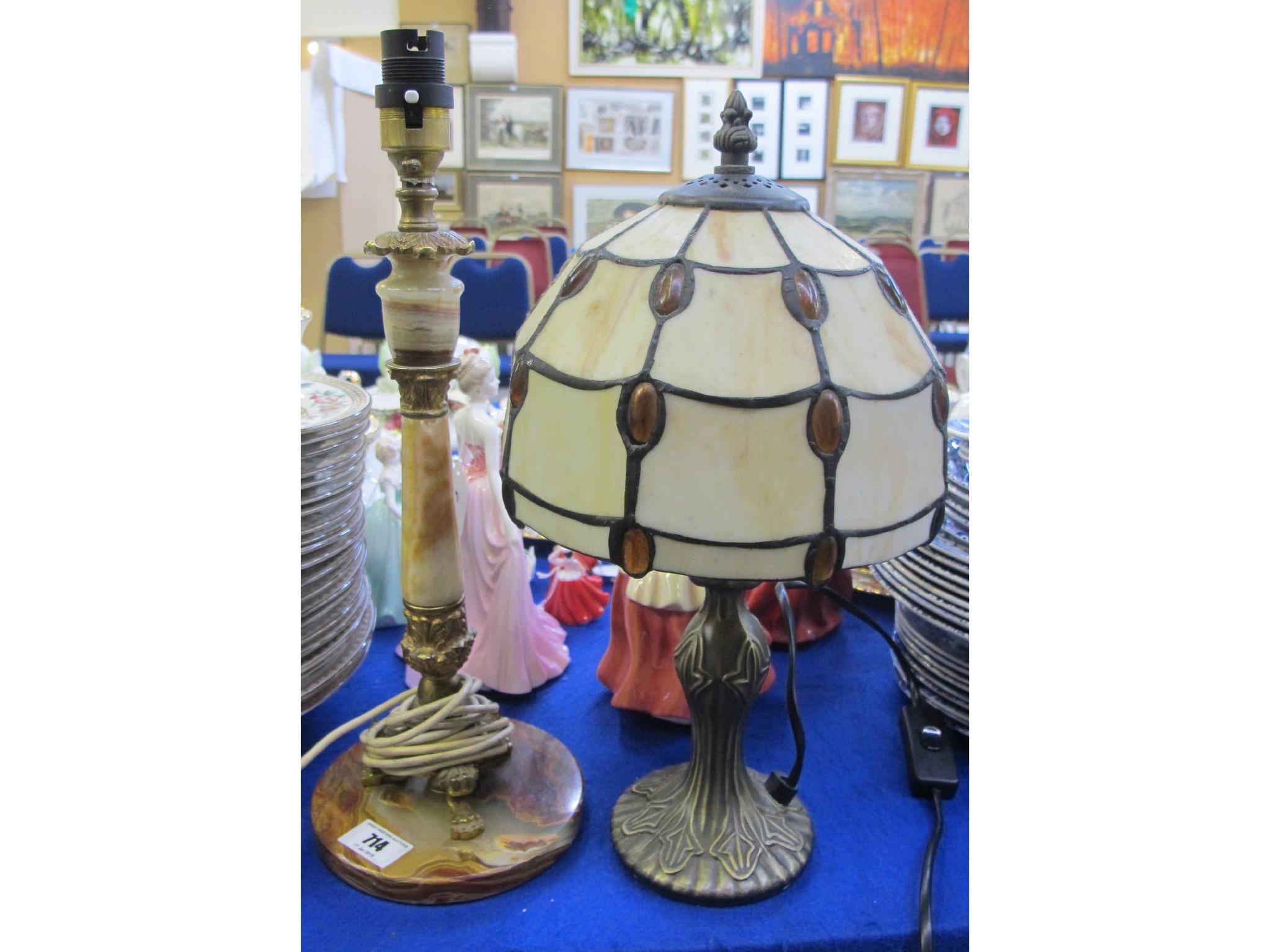 Appraisal: Small leaded glass lamp and an onyx and gilt metal