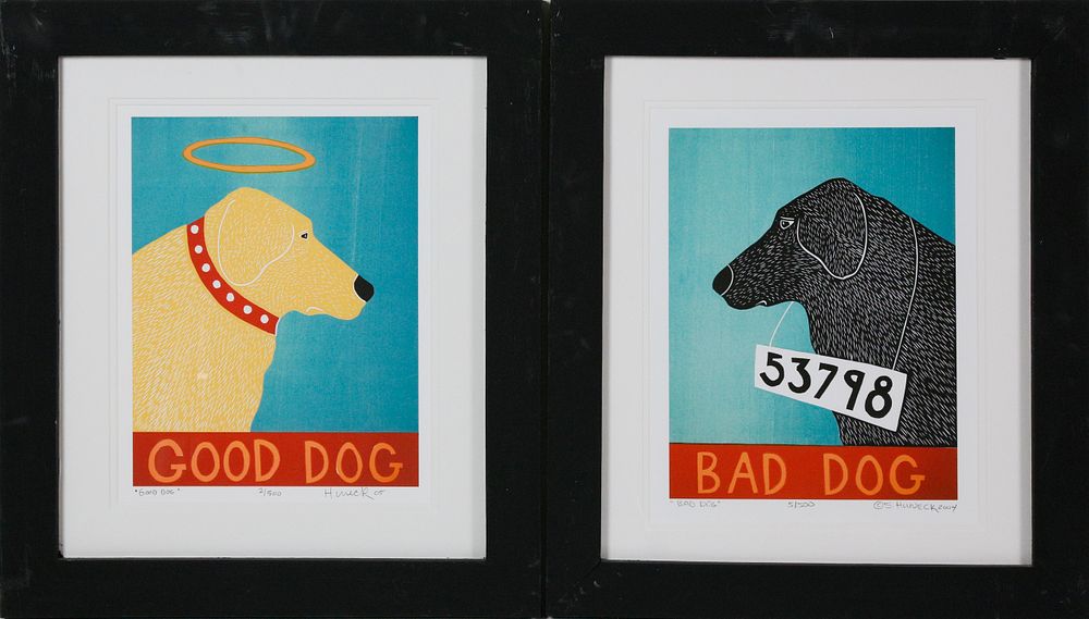 Appraisal: Pair of Stephen Huneck Silk Screens Good Dog Bad Dog