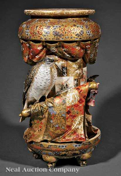 Appraisal: An Impressive Japanese Satsuma Pottery Hawking Vase Meiji Period -