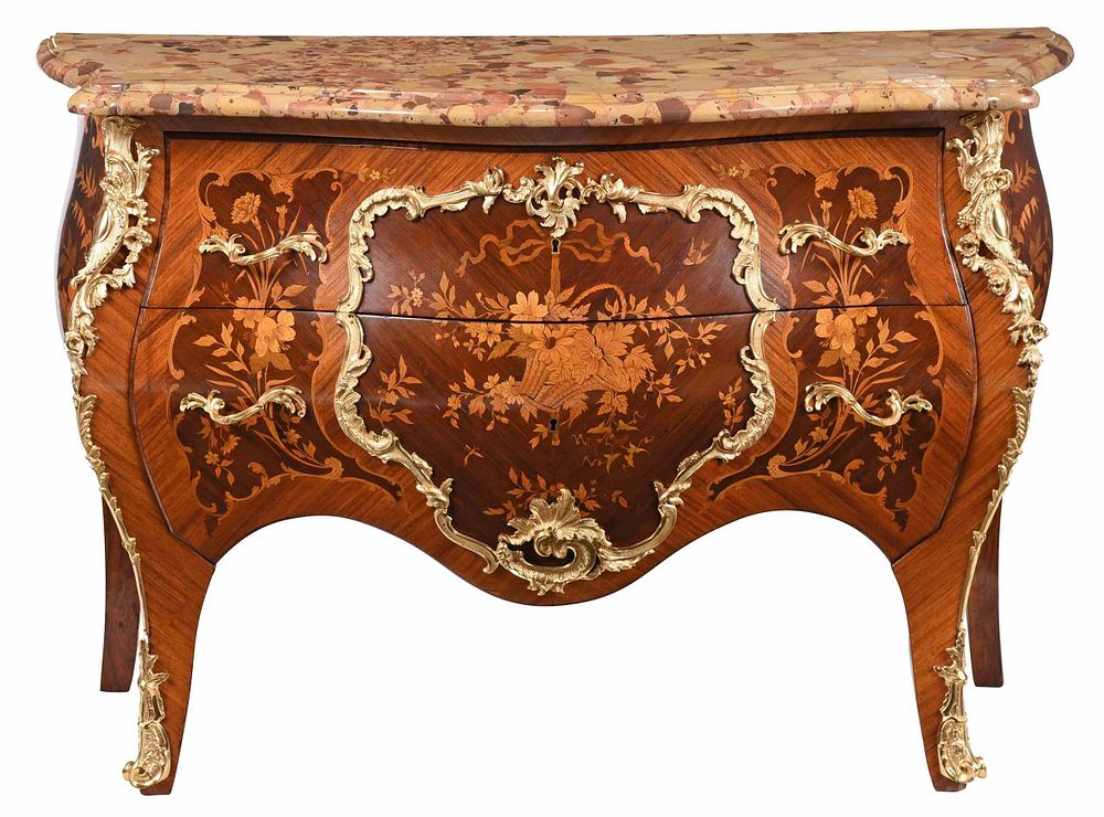 Appraisal: Louis XV Style Marquetry Inlaid Marble Top Commode probably French