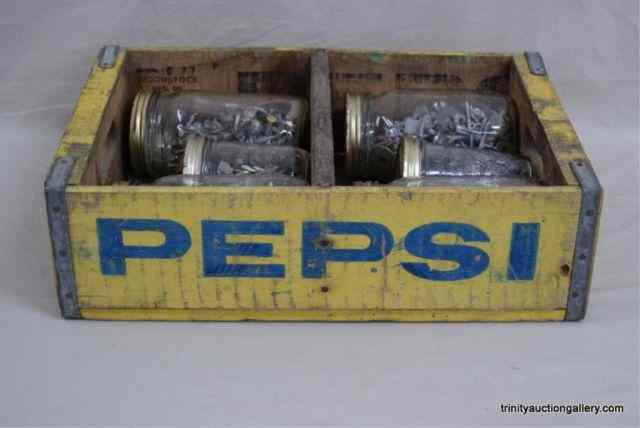 Appraisal: Vintage Pepsi Wood Bottle Crate w Jars Screws etcThis is