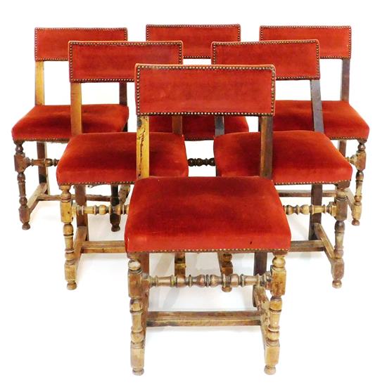 Appraisal: Six Jacobean style side chairs red velvet upholstered oblong backrests