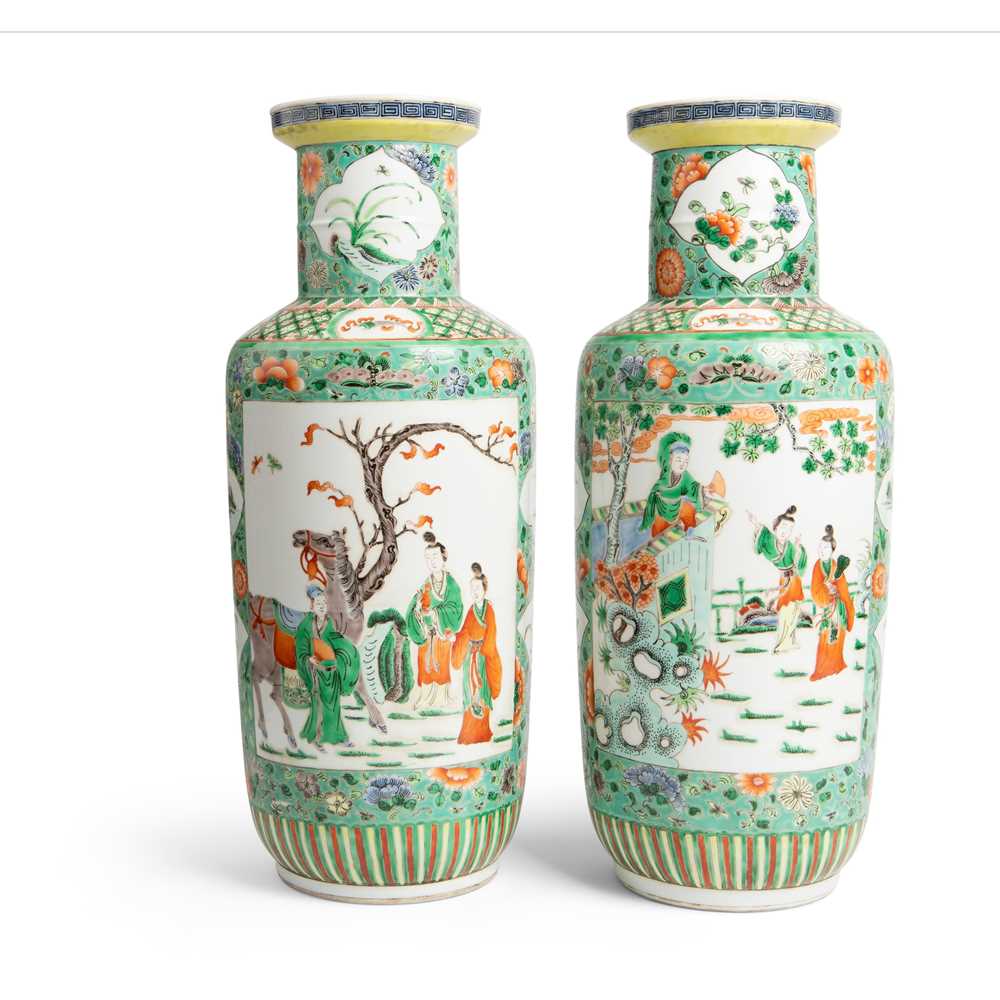 Appraisal: PAIR OF WUCAI ROULEAU VASES TH CENTURY each painted on