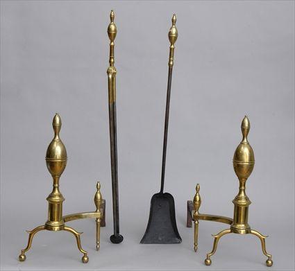 Appraisal: PAIR OF FEDERAL BRASS LEMON ANDIRONS AND TWO MATCHING FIRE