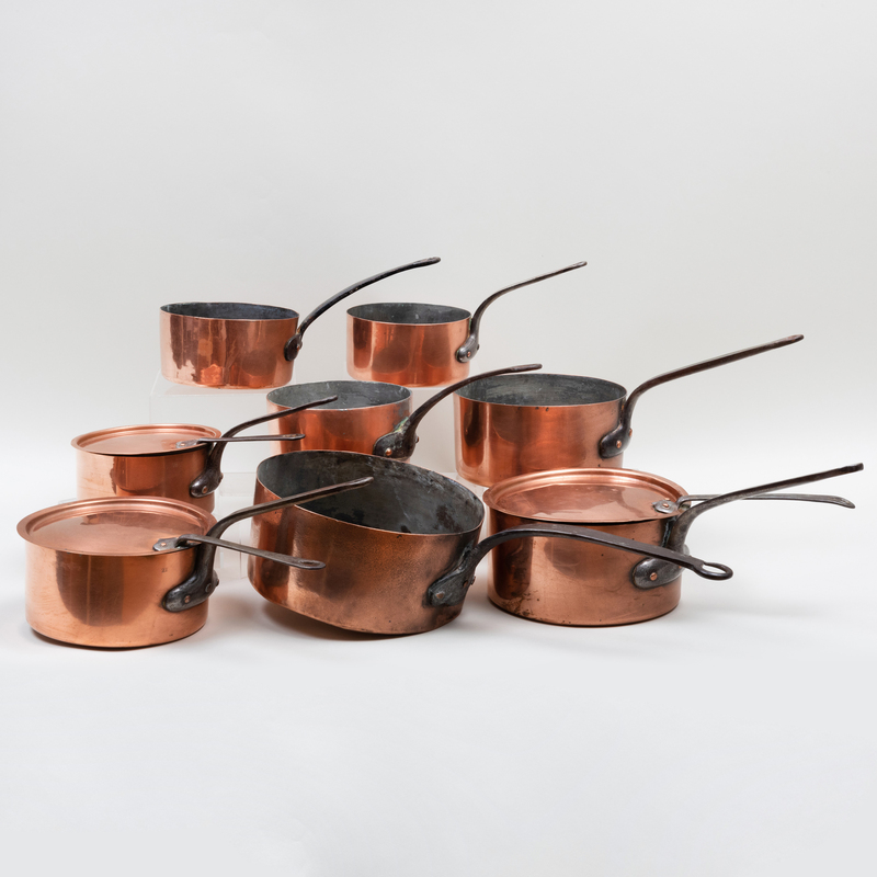 Appraisal: GROUP OF COPPER COOKWARE Comprising Eight saucepansThree coversThe largest x