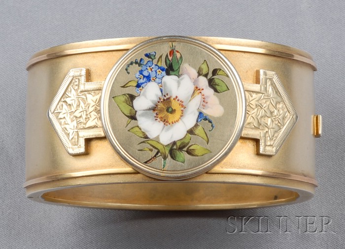 Appraisal: Victorian Sterling Silver-gilt and Enamel Bracelet the wide hinged bangle