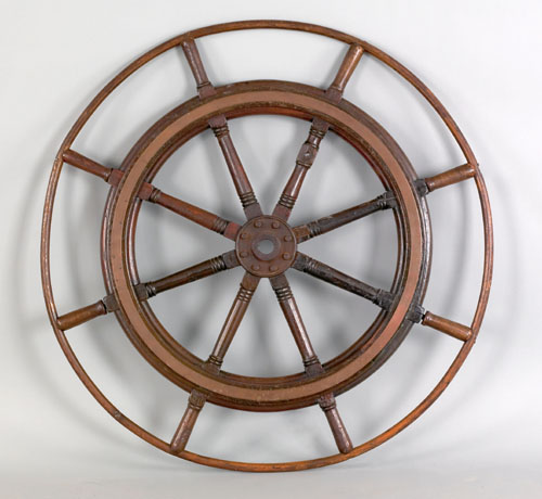 Appraisal: Large oak ship's wheel th c with copper bound hoop