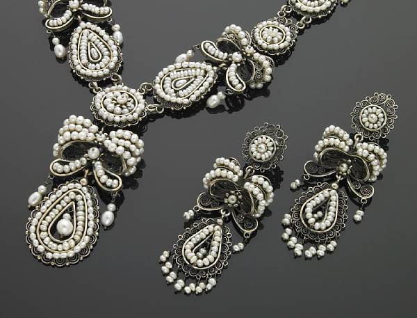 Appraisal: Suite of Seed Pearl and Silver Filigree Jewelry San Felipe