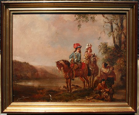 Appraisal: EARLY O C GENRE PAINTING WITH HORSES Oil on Canvas