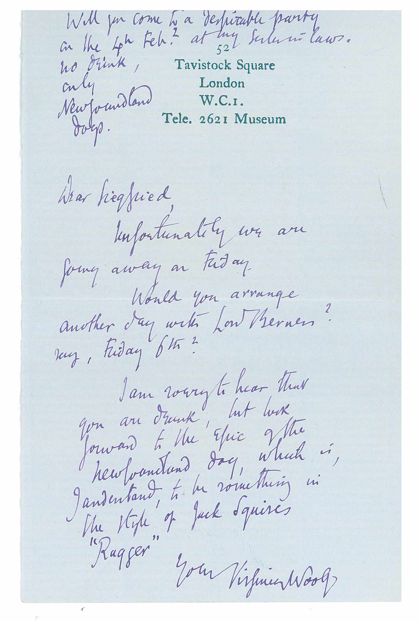 Appraisal: WOOLF VIRGINIA - Autograph Letter Signed ''Virginia Woolf'' p vo