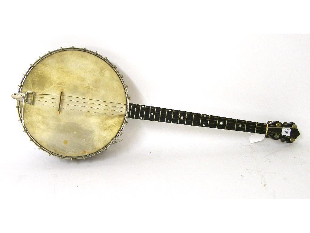 Appraisal: Early th century tenor banjo the closed rosewood pegbox above