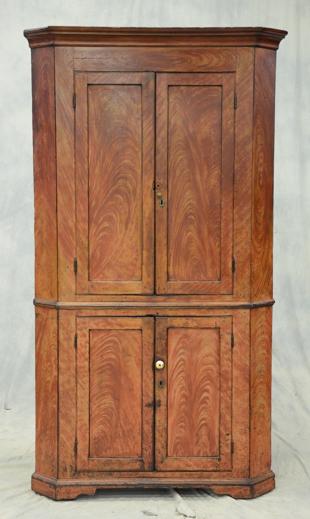 Appraisal: pc pine corner cupboard with red yellow grained painted finish