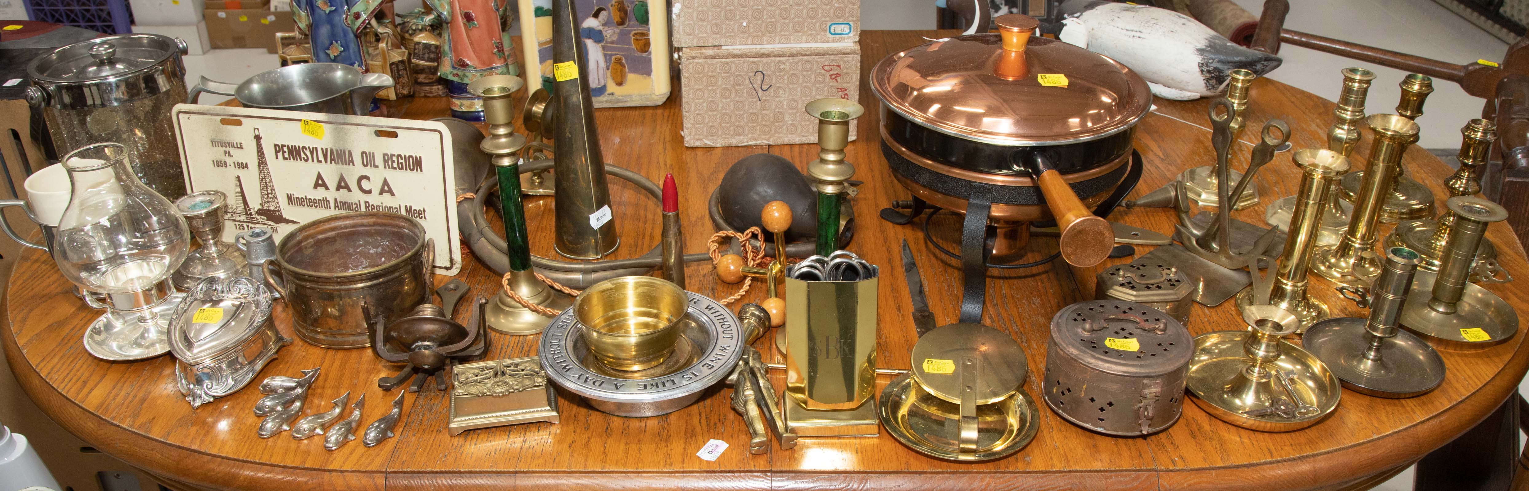 Appraisal: ASSORTED METALWARE Includes sterling weighted candlestick silver plate brass horns