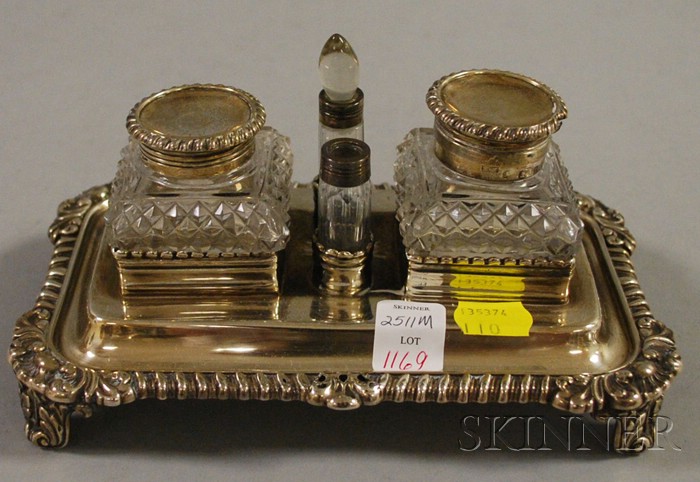 Appraisal: English Sterling Silver and Colorless Cut Glass Inkstand Sheffield fitted