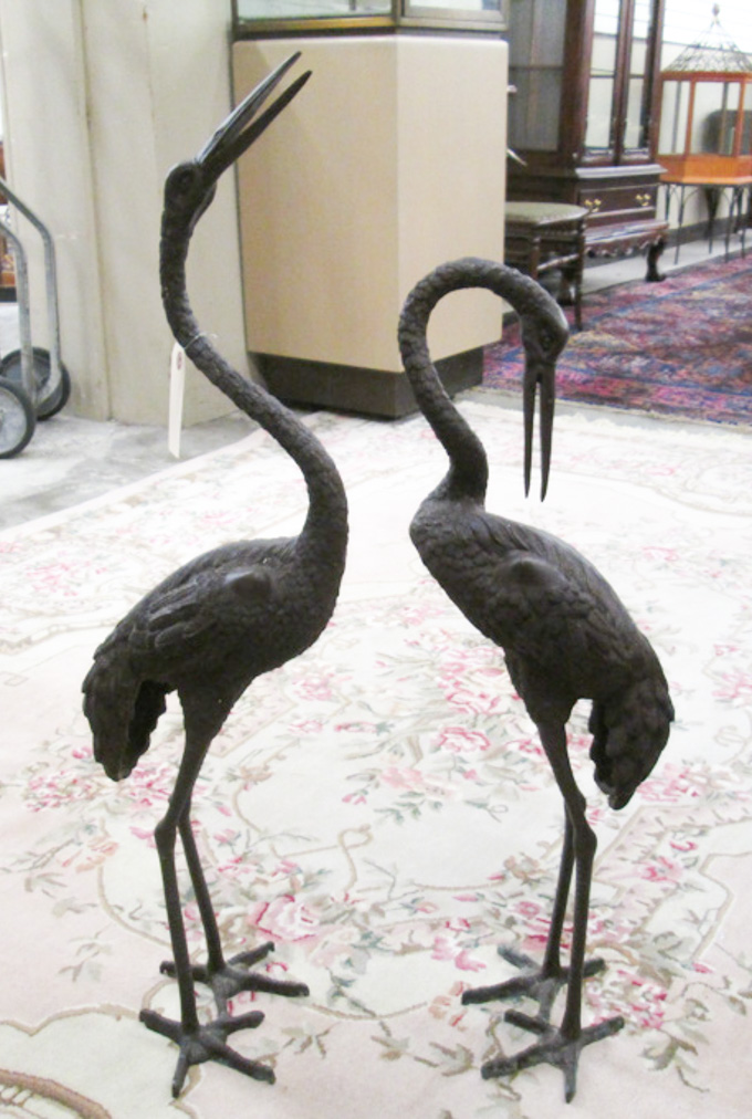 Appraisal: TWO BRONZE GARDEN CRANES and inch heights