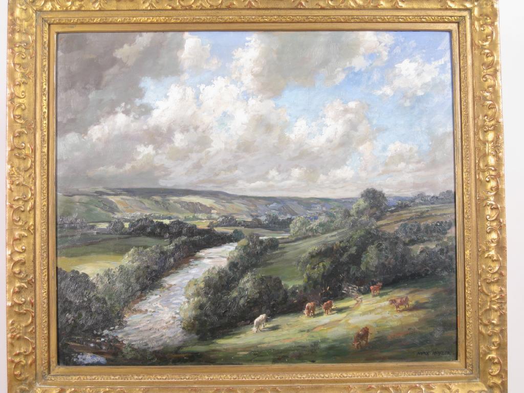 Appraisal: MAX HOFLER An extensive river Landscape with Cattle watering signed