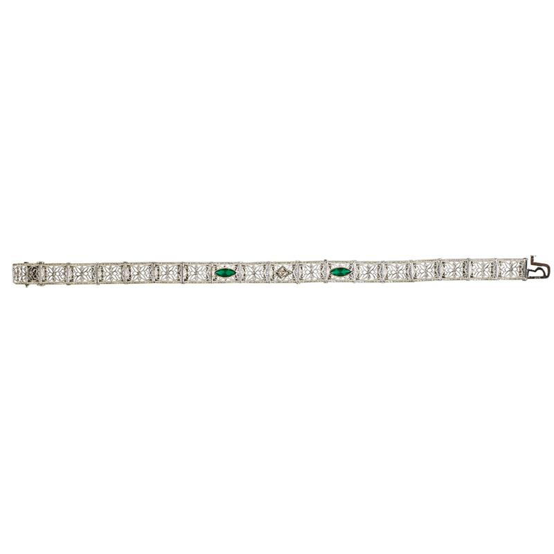 Appraisal: K WHITE GOLD DIAMOND AND EMERALD BRACELET Cast filigree links