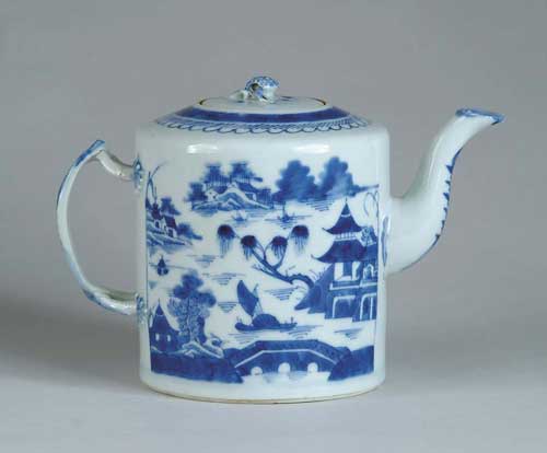 Appraisal: BLUE CANTON TEAPOT WITH COVER Strap type handle drum form