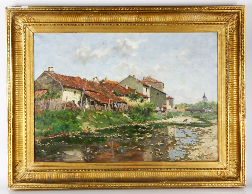 Appraisal: - River Scene O C River scene with houses oil