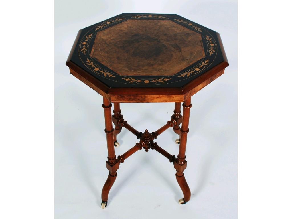 Appraisal: VICTORIAN INLAID FIGURED WALNUT OCCASIONAL TABLE the octagonal moulded top