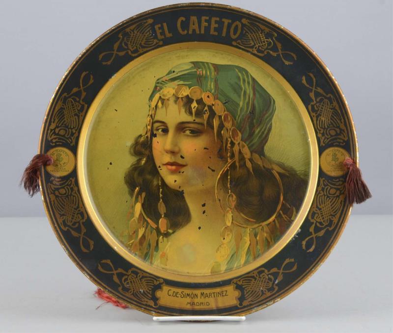 Appraisal: El Cafeto Tin Serving Tray This coffee advertising plate has