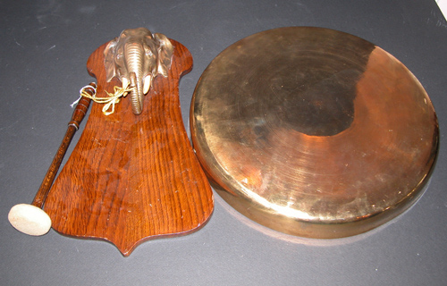 Appraisal: Brass and Oak Elephant Head Gong with Simulated Ivory Tusks