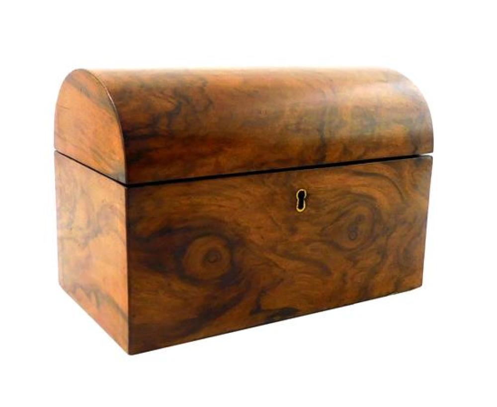 Appraisal: Burl veneered tea caddy th C oblong with rounded dome