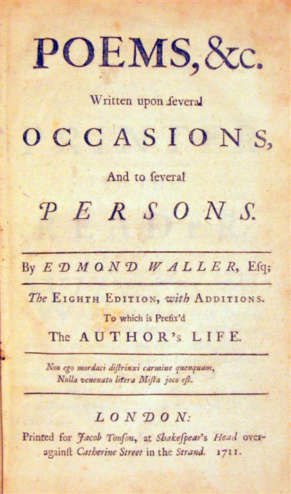 Appraisal: vol Waller Edmond Poems C Written Upon Several Occasions and