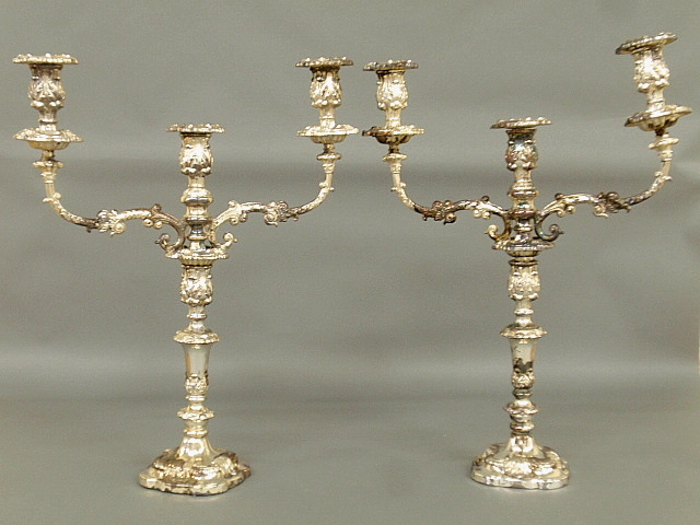 Appraisal: - Large pair of Rococo silverplate weighted candelabra c h