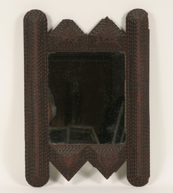 Appraisal: Folk art chip carved mirror frame hand carved hearts atop