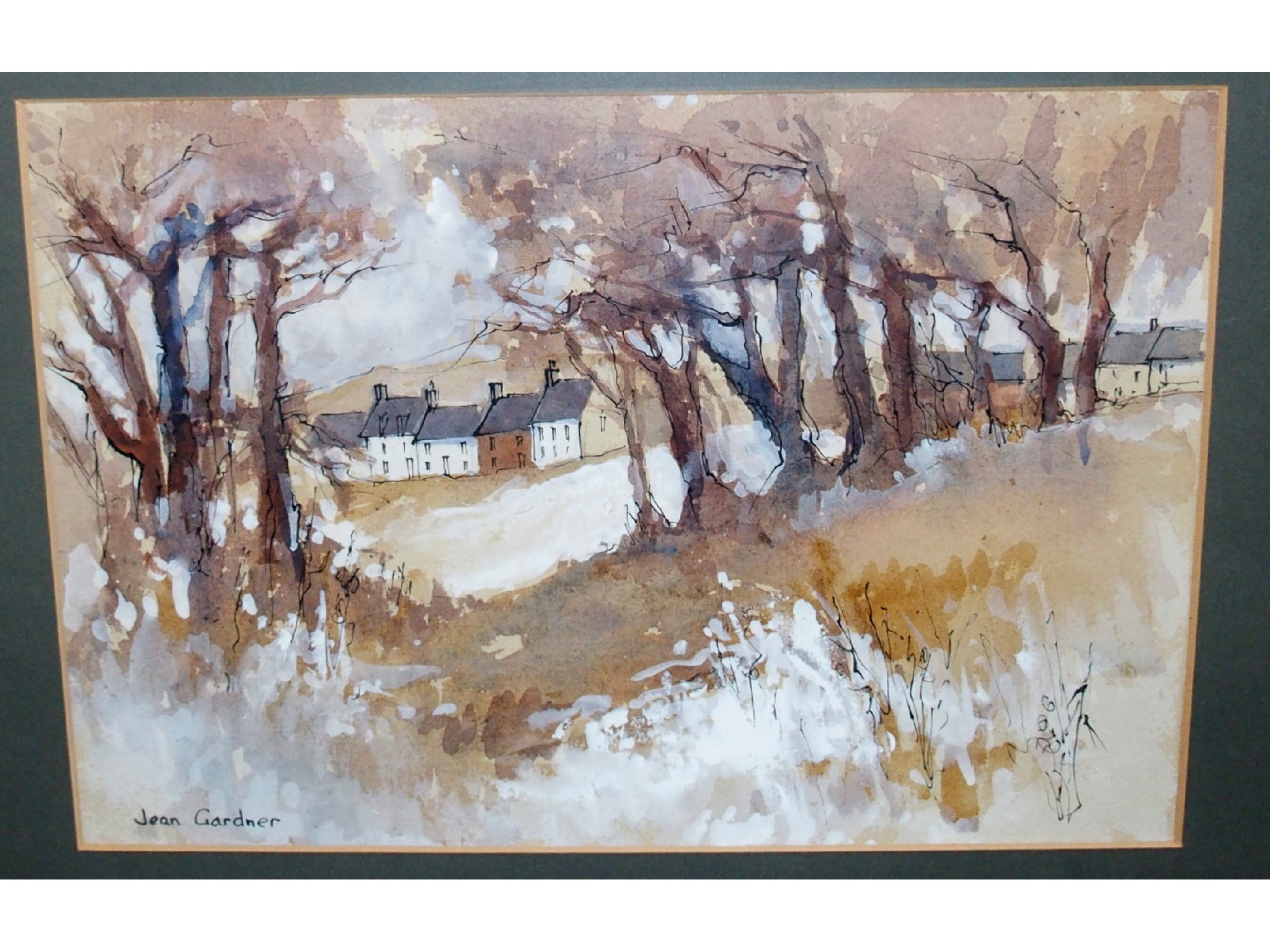 Appraisal: JEAN GARDNER Houses through the trees signed watercolour