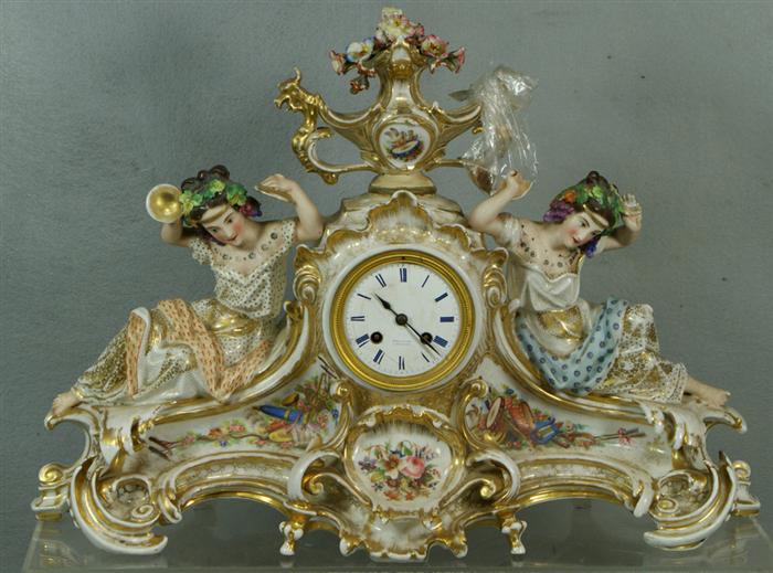 Appraisal: Ornate Paris porcelain mantel clock dial flanked by reclining maidens