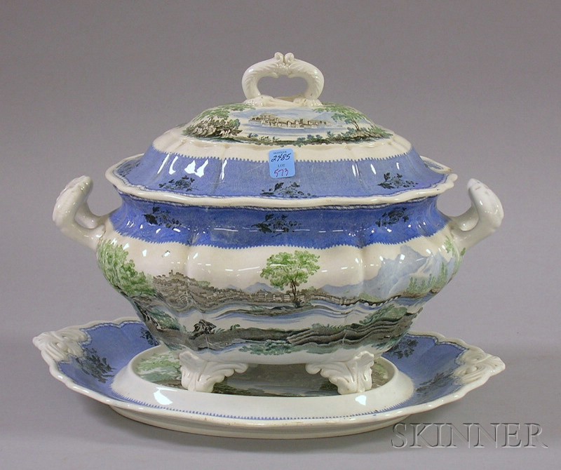 Appraisal: Three-color Scenic Transfer Decorated Covered Soup Tureen with Underplate Davenport