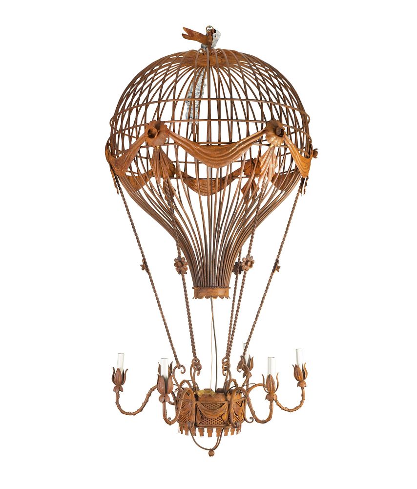 Appraisal: A Patinated Metal Six-Light Montgolfier Chandelier Height x diameter inches