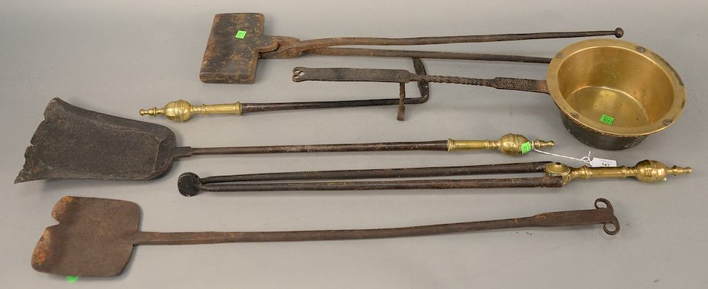 Appraisal: Six piece lot to include four brass top fire tools