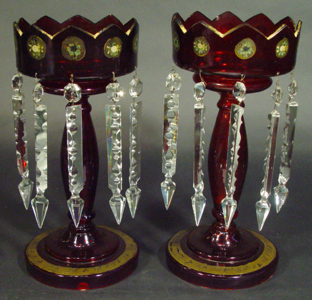 Appraisal: Pair of Victorian ruby glass lustres with gilt decoration each