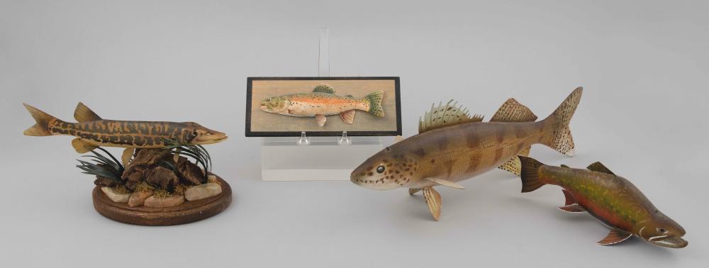 Appraisal: FOUR FISH CARVINGS Contemporary Including a grass pickerel and a