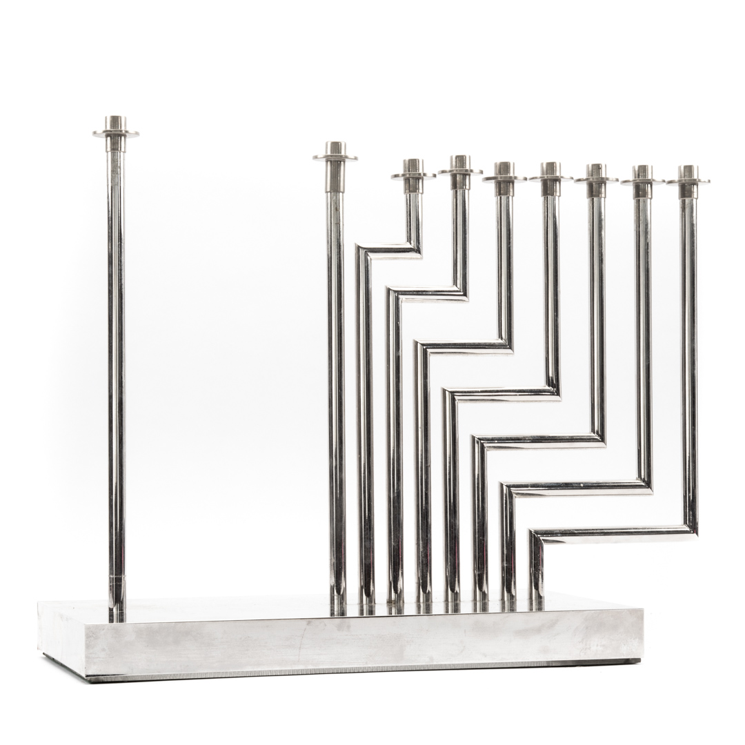 Appraisal: Yaacov Agam Levels Menorah Israeli b Stylized chrome menorah with