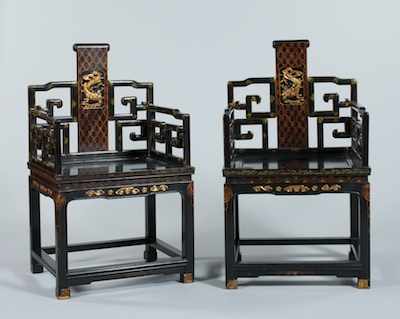 Appraisal: A Pair of Chinese Painted Chairs Finished in black lacquer