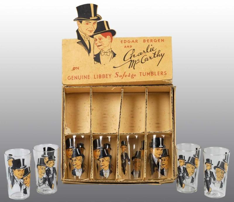 Appraisal: Boxed Set of Charlie McCarthy Drinking Glasses Description Circa Glasses