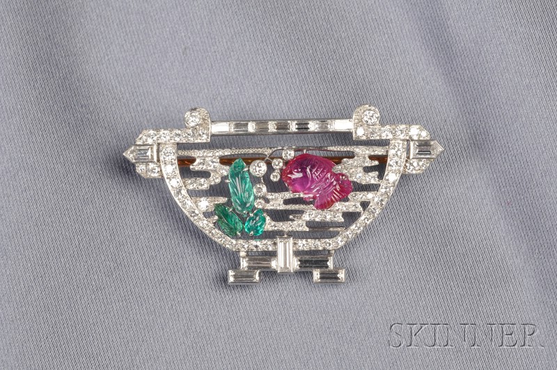 Appraisal: Art Deco Platinum Diamond and Carved Gem-set Fishbowl Brooch designed