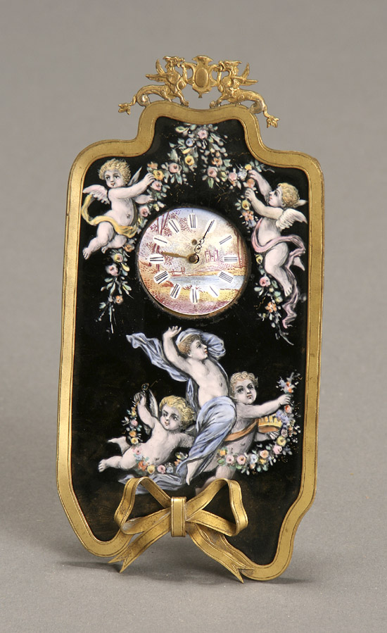 Appraisal: Limoges Enamel Mounted Strut-Frame Desk Clock Circa The cartouche-form plaque