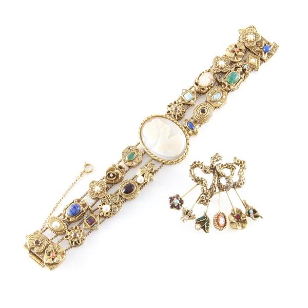 Appraisal: SIGNED GOLDETTE VICTORIAN REVIVAL SLIDE CHARM BRACELET WITH CENTRAL CAMEO