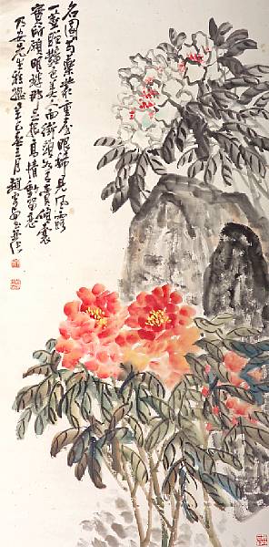 Appraisal: Zhao Yunhuo - Peonies Hanging scroll ink and color on