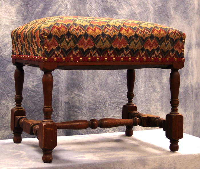 Appraisal: Walnut turned stretcher base footstool with flamestitch upholstery x h