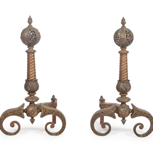 Appraisal: A Pair of Brass Andirons each with pierced finial raised