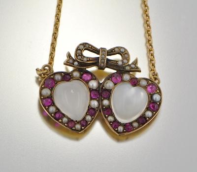 Appraisal: A Charming Double Heart Moonstone Necklace k yellow gold chain