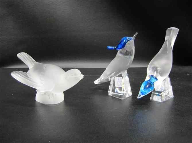 Appraisal: THREE LALIQUE ART GLASS BIRD FIGURINES set of two with