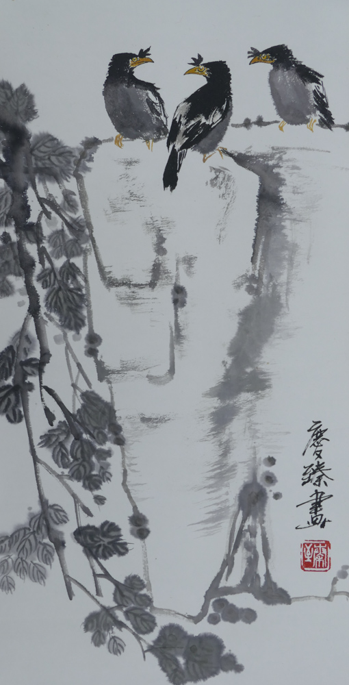 Appraisal: Qinzhen Mo Chinese Three Black Birds Scroll Painting ''x ''