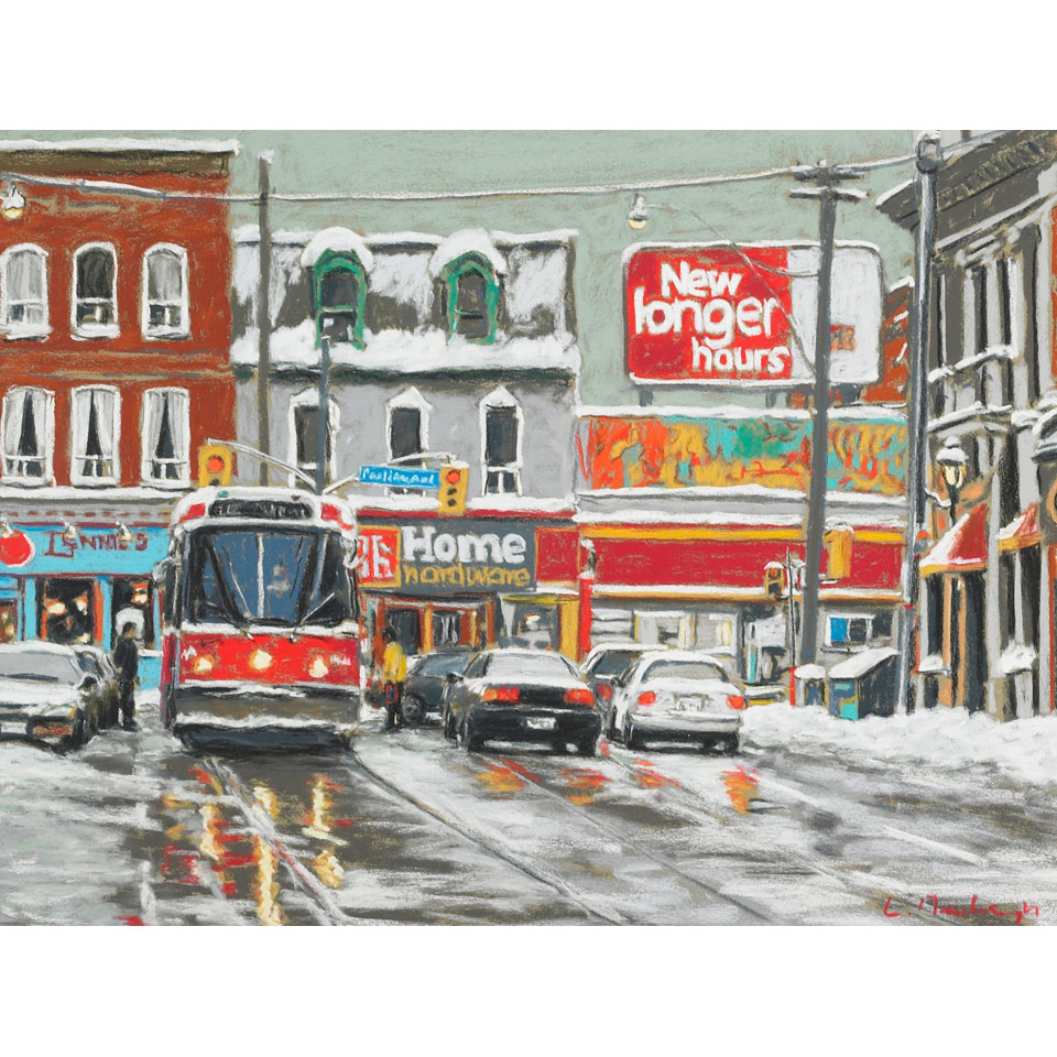 Appraisal: LUC DESCHAMPS STREETCAR AT PARLIAMENT CABBAGETOWN pastel signed x cm